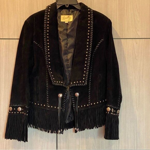 Scully Black Fringe Leather Suede Jacket Studs Size L Large